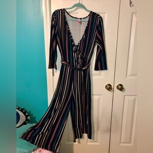 No Boundaries Striped Jumpsuit, Size: XL, Color: Navy Blue w/ Colorful Stripes